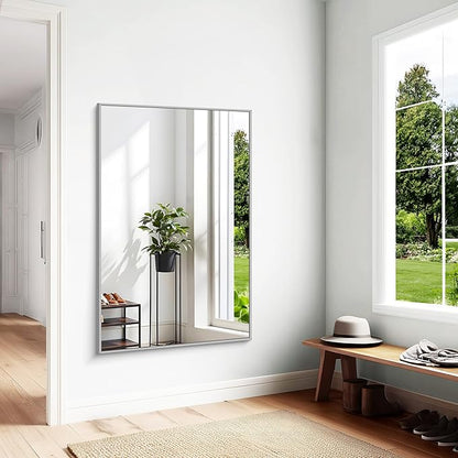 KOCUUY Silver Bathroom Mirror, 55"x36" Large Rectangle Bathroom Mirror for Wall, HD Tempered Glass, Anti-Rust Brushed Silver Frame, Modern Design for Bathroom, Bedroom, Hang Horizontal/Vertical