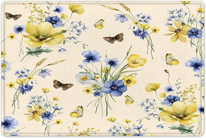 HVEST Wildflower Shower Curtain and Bath Mat, Blue and Yellow Floral and Wheat with Butterfly Shower Curtain with Bathroom Rugs, 70X70 inches Country Daisy Flower on Beige Shower Curtain Sets