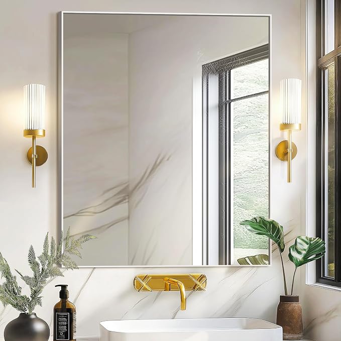 Bathroom Vanity Mirror for Wall, 30"x36" Bathroom Mirror for Over Sink | HD Shatterproof Glass, Rectangular Metal Frame, Horizontally or Vertically, Mirror for Bathroom, Living Room, Entryway,Silver