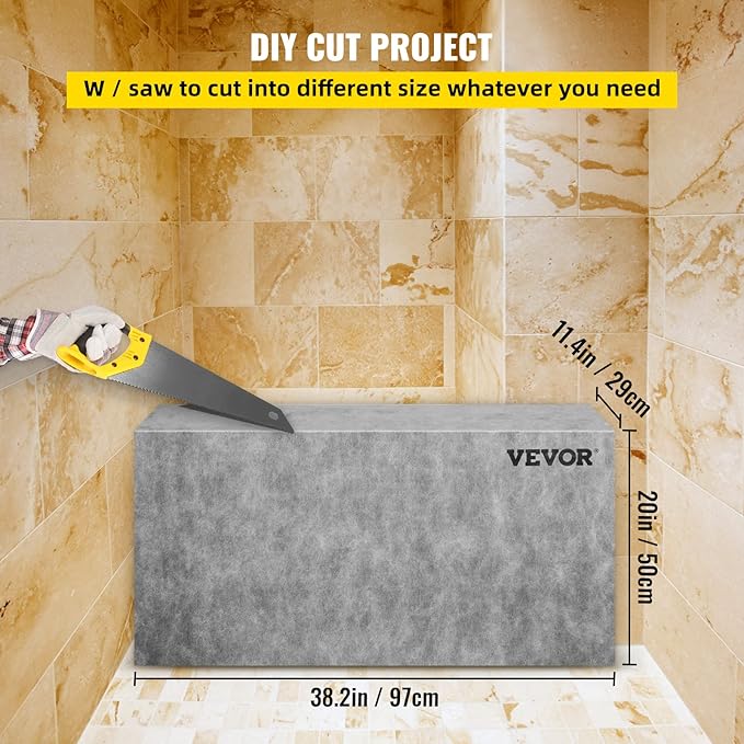 VEVOR Tile Shower Seat, 38.2" x 11.4" x 20" Tile Shower Seat, Factory Waterproof & 100% Leak-Proof Tileable Shower Corner Seat, 440lbs Loading Rectangular Board Shower Bench, Grey