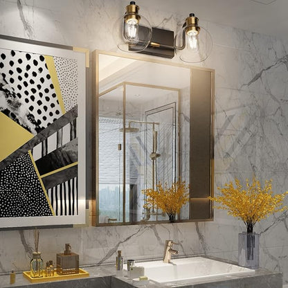 Tipace 2 Lights Vintage Bathroom Vanity Light Fixtures Over Mirror Black & Gold Industrial Vanity Lights with Globe Clear Glass Farmhouse Wall Sconces Fixture(Exclude Bulb)