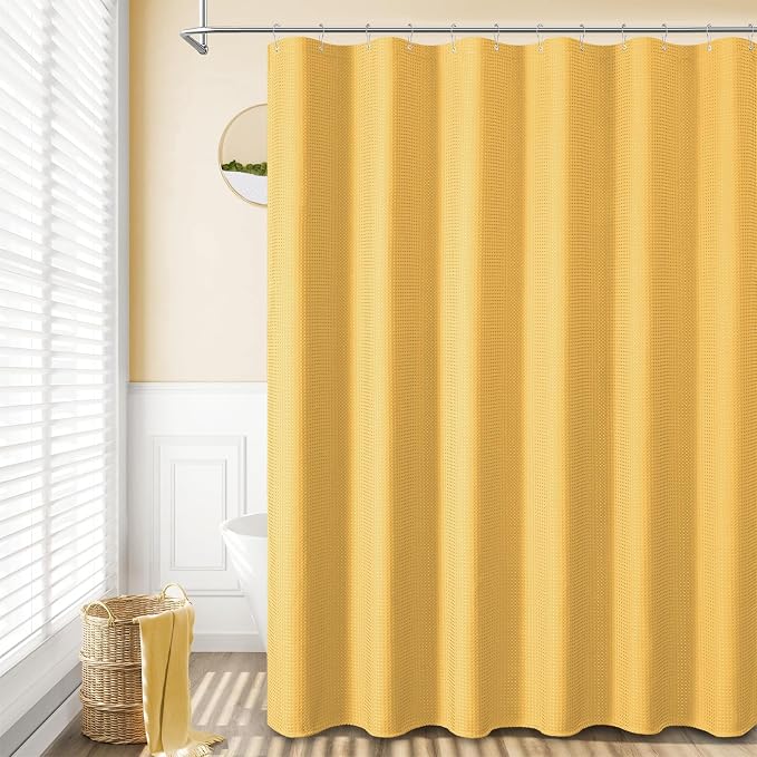 Long Waffle Shower Curtain 256 GSM Heavy Fabric 72x78 Gold | 78 Inch Long, Thick Cloth, Weighted Hem, Water Repellent, Tall Hotel Luxury Polyester Shower Curtains for Bathroom 12 Hooks