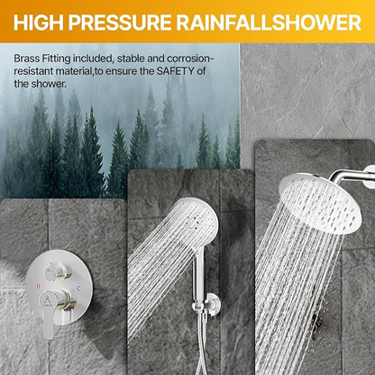 Shower Faucet Set 10IN Brass Rough-In Valve Body Trim Kit Rainfall Included Handle Accessories Complete 2 Functions with Rain Head and Handheld Bathroom Systems (10'', Chrome Polished)