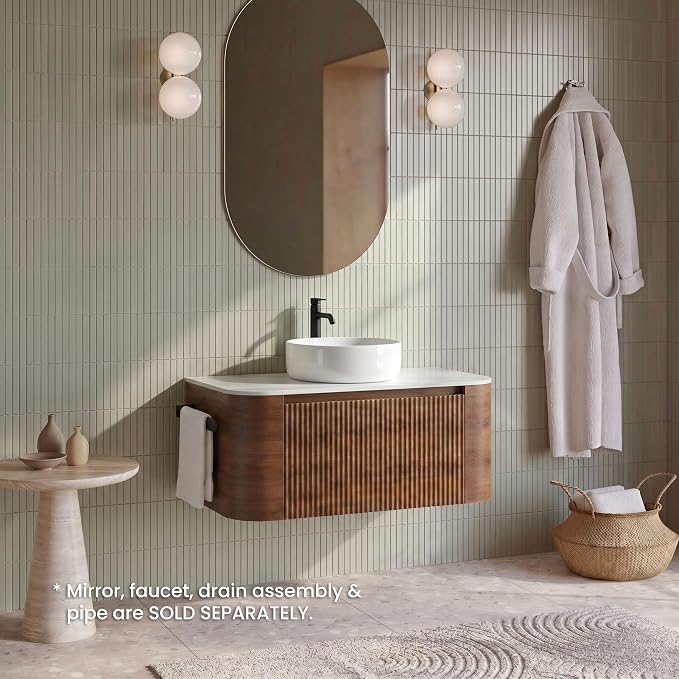 36" Preassembled Floating Bathroom Vanity with Round Sink, Walnut | Mid-Century Modern Style, Fluted & Soft-Close Drawer with U-shaped Wall, Sinterted Stone Countertop, Towel Rack Included