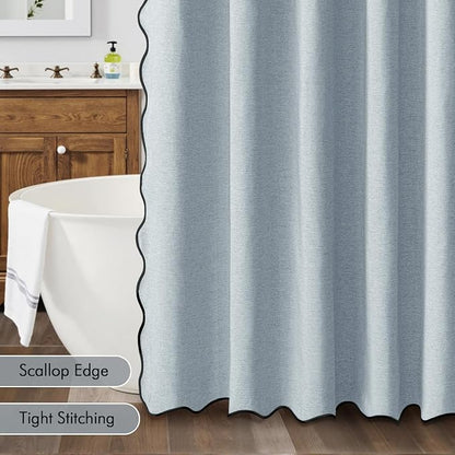MIULEE Light Blue Scalloped Linen Shower Curtain 72x72 Inches | Linen Textured, Waterproof, Washable, 12 Metal Hooks, Heavy Duty Cloth, Black Border, Shower Curtain for Bathroom Bathtub