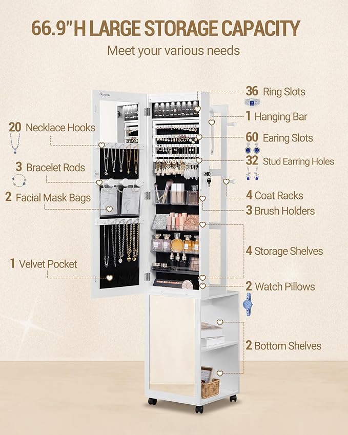 Hzuaneri 8 LEDs Jewelry Cabinet Armoire, 66.9-inch Jewelry Organizer | Lockable Full-length Mirror with Garment Rack & 4 Wheels, Storage Shelves with Hooks, 5-in-1, White and Beige JC17003B