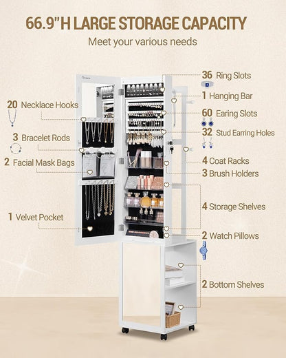 Hzuaneri 8 LEDs Jewelry Cabinet Armoire, 66.9-inch Jewelry Organizer | Lockable Full-length Mirror with Garment Rack & 4 Wheels, Storage Shelves with Hooks, 5-in-1, White and Beige JC17003B