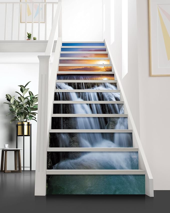 FLFK Stair Riser Decals,Waterfall Vinyl Sticker for Stairs Decoration,14Pcs 39.3"X7.08"