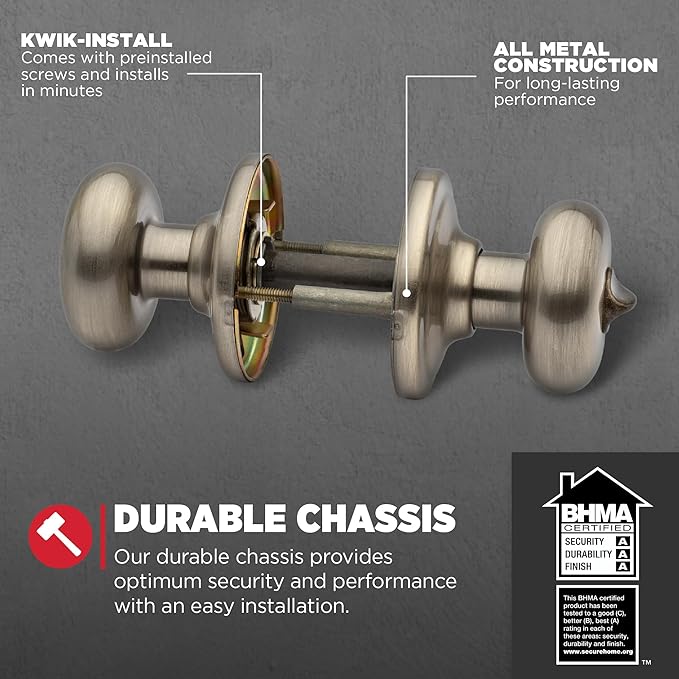 Kwikset Juno Interior Privacy Door Knob with Lock, Door Handle for Bathroom and Bedroom, Antique Brass Keyless Turn Lock Doorknob, with Microban Protection (Pack of 2)