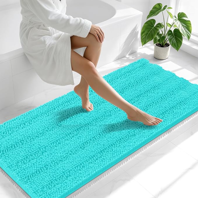 Smiry Thick Chenille Bathroom Runner Rugs 59x24, Absorbent Bath Mat, Teal | Quick‑Dry & Machine Washable, Non‑Slip Bath Carpet, Soft Striped Bath Rugs for Tub & Shower, Modern Home Decor Accessories