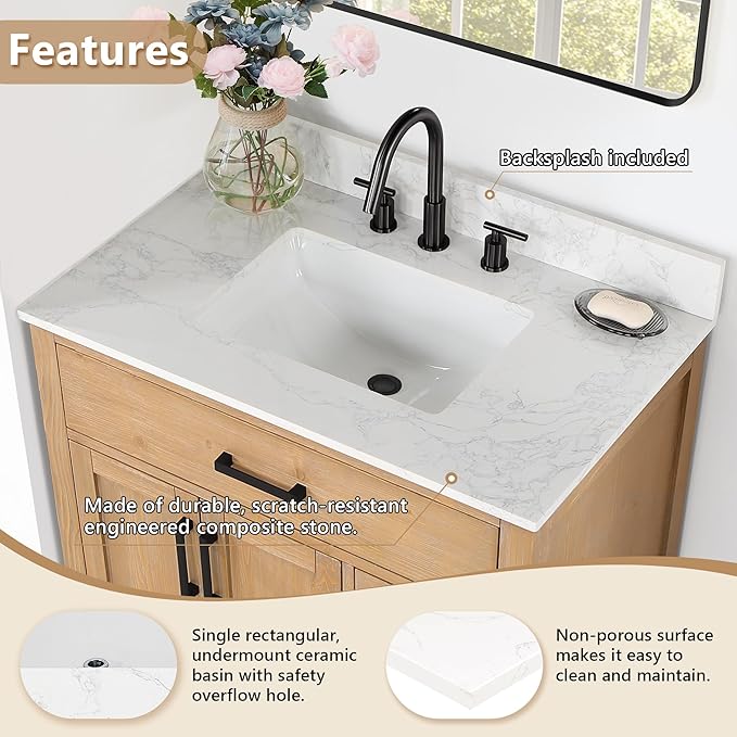 Ceres 37" Engineered Stone Vanity Top in Grain White with Single White Sink