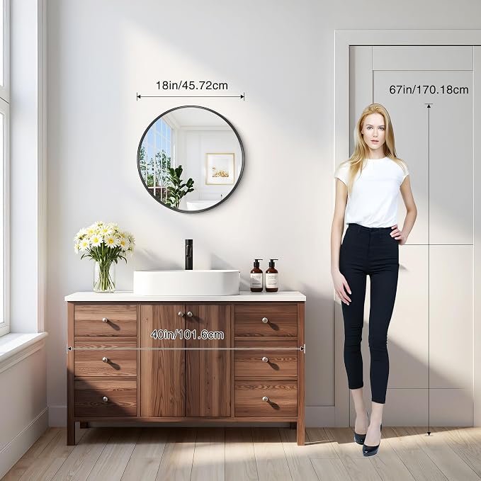 Black Round Mirror 18 inch Deep Frame Circle Mirror, Metal Framed Bathroom Mirror, Round Vanity Mirror, Circle Mirrors for Wall Entryway Bedroom Living Room Hallway