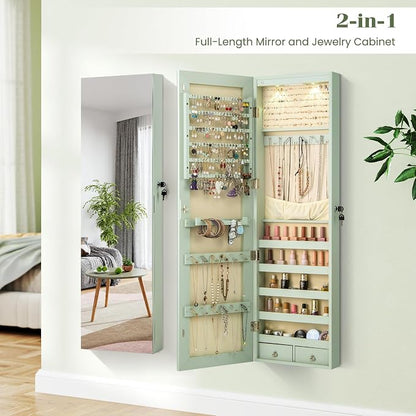 NAFORT 2 LEDs Mirror Jewelry Organizer, 47.5-Inch Borderless Full Length Mirror Jewelry Armoire, Lockable Wall Mounted Jewelry Cabinet, Jewelr Storage Box for Valentine’s Day Gift, Laurel Green