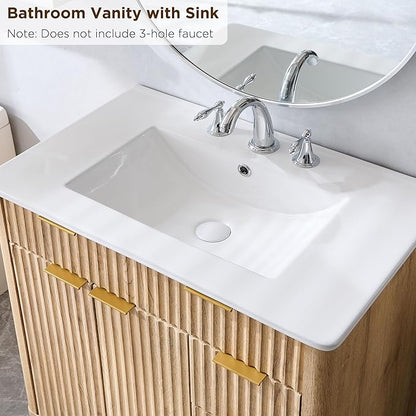 T4TREAM 30" Fluted Bathroom Vanity with Ceramic Sink Combo，Freestanding Modern Bathroom Storage Vanity Cabinet with 2 Soft Closing Doors & 3 Drawers，Wood Grain Texture，Metal Handle，Natural Oak | Fluted, Freestanding, Modern, Bathroom Storage, Vanity Ca...