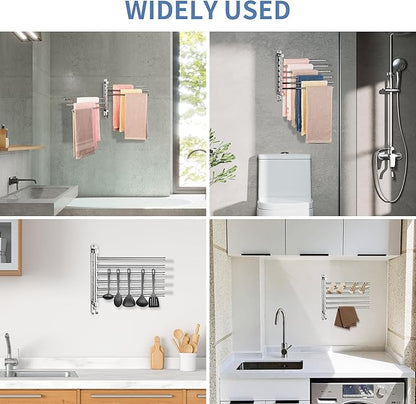 Swivel Towel Rack, 12.6 Inch Towel Bar with Wall Mounted 180° Rotation, 6 Arms Towel Hanger SUS 304 Stainless Steel, Space Saving for Kitchen, Bathroom, Outdoor, Mirror Polish
