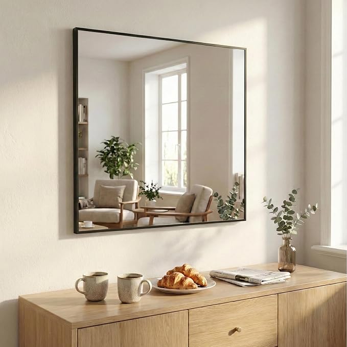 36"x36" Matte Black Framed Square Bathroom Vanity Wall Mirror | Accent Wall Mirror, Square Geometric Look, Slim Metal Frame, Living Room or Entryway, Keyhole Mount, Tempered Glass