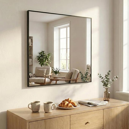 36"x36" Matte Black Framed Square Bathroom Vanity Wall Mirror | Accent Wall Mirror, Square Geometric Look, Slim Metal Frame, Living Room or Entryway, Keyhole Mount, Tempered Glass