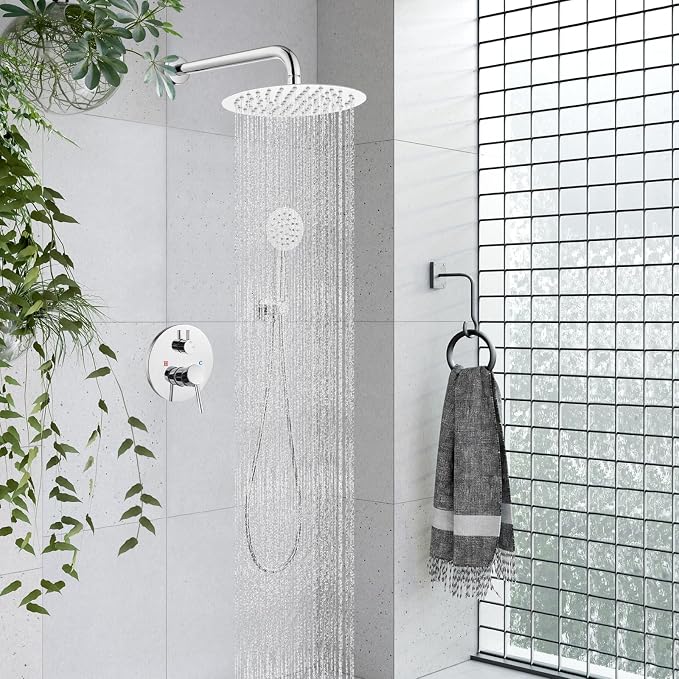 gotonovo High Pressure Shower System Valve and Trim Kit,Polish Chrome | Round Rain 10 Inch Shower Head with Handheld Faucet Set Complete,Rough In Valve,2-in-1 Diverter,All Metal,Bathroom Wall Mount