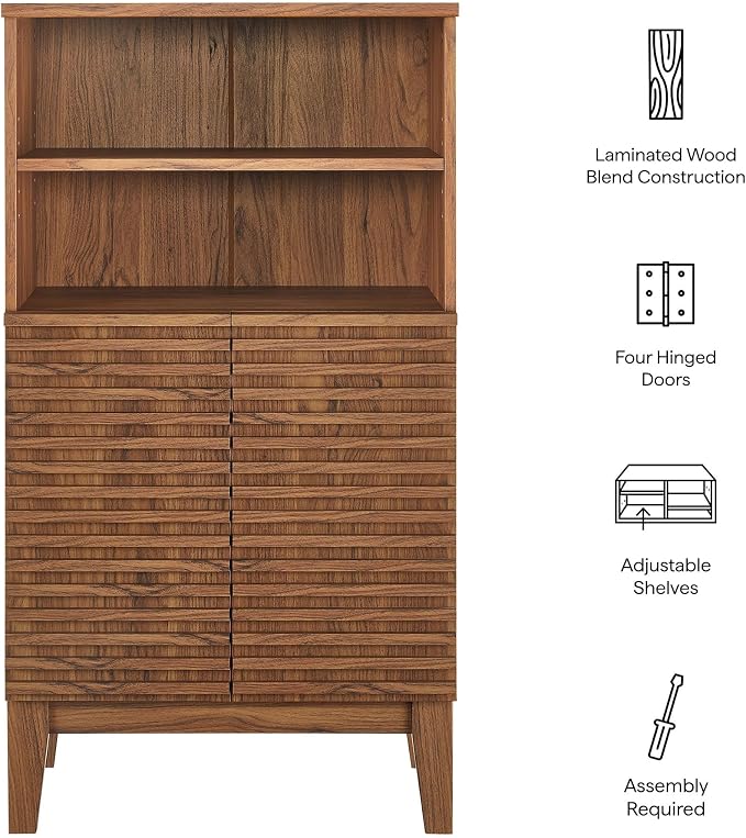 Modway Render Freestanding Bathroom Storage Cabinet in Walnut - 43 Inch Linen or Towel Cabinet with Slatted Doors