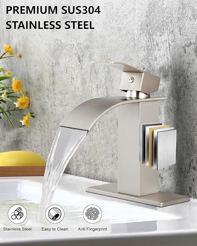 Midanya Waterfall Spout Bathroom Faucet Single Handle 1 Hole Bathroom Sink Faucet,Modern RV Lavatory Vanity Basin Tap with Water Hose,No Drain,Short Body,Brushed Nickel