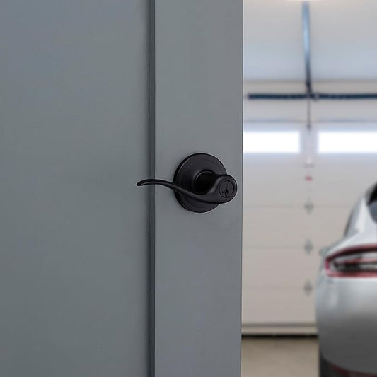 Kwikset Tustin Entry Door Handle with Lock and Key, Secure Keyed Reversible Lever Exterior, For Front Entrance and Bedrooms, Matte Black, Pick Resistant Smartkey Rekey Security and Microban