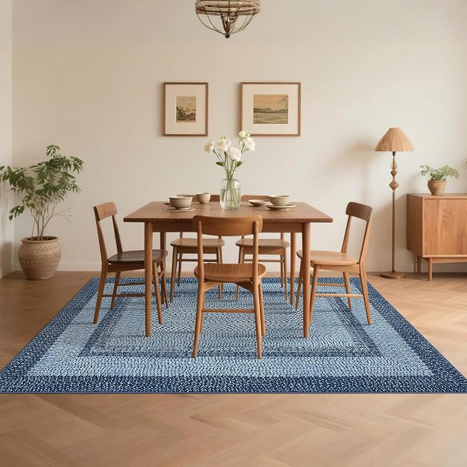 Printed Washable Area Rugs 10x13 Rug Modern Rugs for Bedroom Blue Rug Imitation Braided Soft Large Area Rug Non Slip Throw Rugs Stain Resistant Carpet for Nursery Dining Room 10'x13' Navy Blue