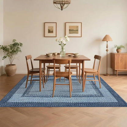 Printed Washable Area Rugs 10x13 Rug Modern Rugs for Bedroom Blue Rug Imitation Braided Soft Large Area Rug Non Slip Throw Rugs Stain Resistant Carpet for Nursery Dining Room 10'x13' Navy Blue