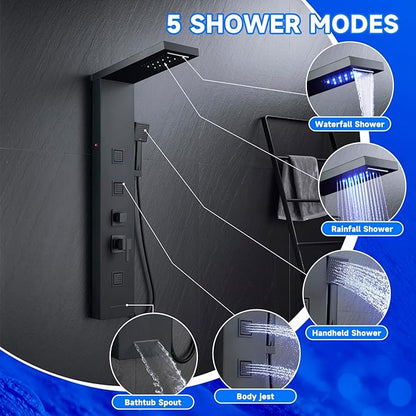 MENATT 5 in 1 Stainless Steel Shower Panel Black Tower System with LED Lights, Rainfall Waterfall Shower Head, Multi Function Shower System with Body Jets and Bath Tub Spout, Matte Black