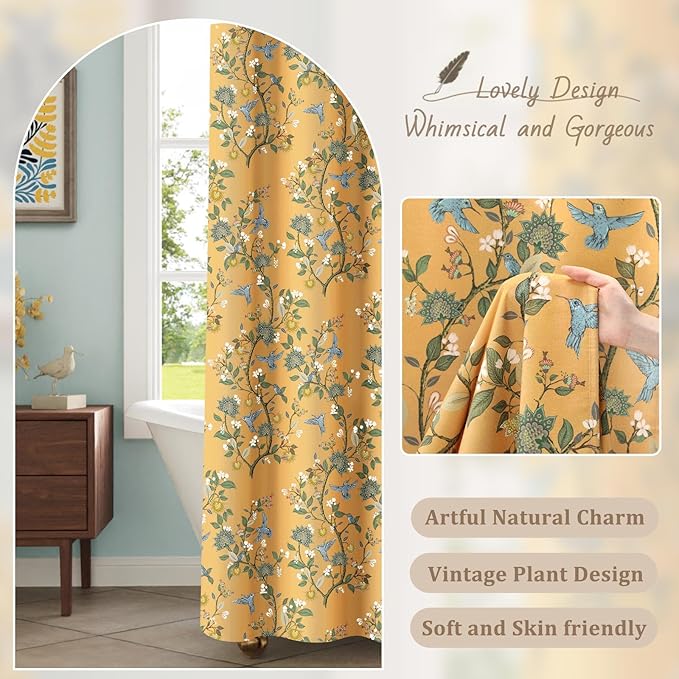 Mustard Yellow Cotton Floral Shower Curtain,Vintage Anthropologie Shower Curtains for Bathroom,72Wx84H