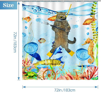 Aimego Funny Cat Shower Curtains for Bathroom - Sea Ocean Animal Underwater Tropical Fish Coral Seahorse Fun Bath Shower Curtain Set with 12 Hooks for Adults Kids Bathroom Decor Accessories, 72"x72"