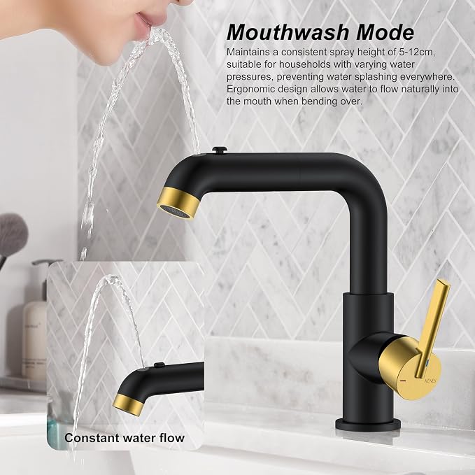 Black & Gold Pull Down Bathroom Faucet 1 Handle, 1 Hole Vanity Faucet | Pull Out Bathroom Faucet with Pop Up Drain & 6 Inch Deck Plate, Lead-Free cUPC & NSF Certified, 1 Hole Faucet for Vanity RV