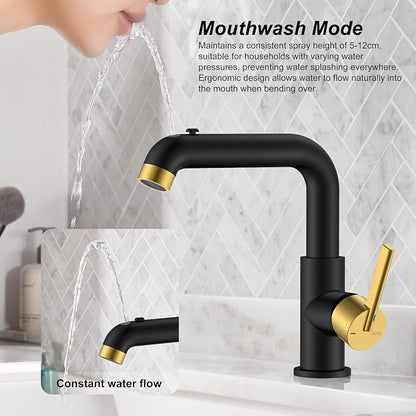Black & Gold Pull Down Bathroom Faucet 1 Handle, 1 Hole Vanity Faucet | Pull Out Bathroom Faucet with Pop Up Drain & 6 Inch Deck Plate, Lead-Free cUPC & NSF Certified, 1 Hole Faucet for Vanity RV