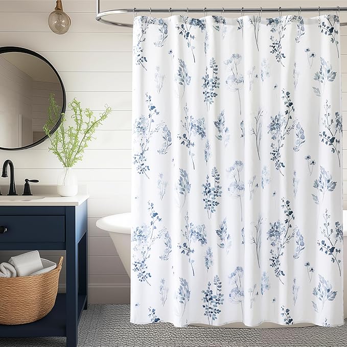 Navy Blue and White Floral Shower Curtain,Waterproof Fabric Watercolor Pattern Preppy Boho Farmhouse Style Ocean Theme Nautical Shower Curtains for Bathroom Set with Hooks 72X72