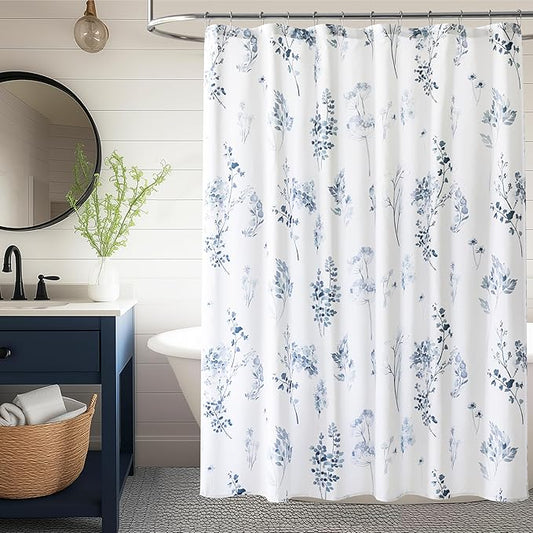 Navy Blue and White Floral Shower Curtain,Waterproof Fabric Watercolor Pattern Preppy Boho Farmhouse Style Ocean Theme Nautical Shower Curtains for Bathroom Set with Hooks 72X72