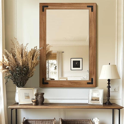 Wood Framed Bathroom Vanity Mirror for Wall, 20"x28" Farmhouse Mirror | Solid Wood Frame, HD Shatterproof Glass, Vertical/Horizontal Hanging, Ideal for Bathroom, Living Room, Bedroom
