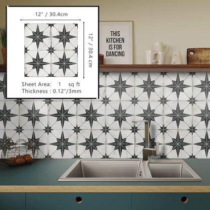 The Tiles Plaza Encaustic Peel and Stick Backsplash, Black Star Patterned Vintage Stick on Tiles, Stone Composite Self-Adhesive Wall Tile Sticker for Kitchen Bathroom Fireplace Stairs, 10 Sheets