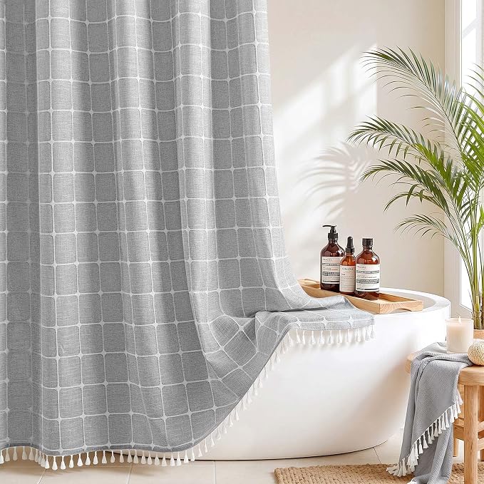 River Dream Farmhouse No Hooks Shower Curtain with Snap-in Liner,Grey,71x74 | Snap on Fabric Liner,Heavy Duty,Quick Dry,Mesh Top,With Bottom Magnets,Washable,with Tassels,Standard Size