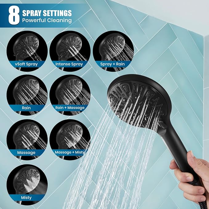 gotonovo Matte Black Exposed Shower Fixture Faucet Set Triple Function 8 Inch Rainfall Showerhead and Tub Spout Shower System Combo Unit, Multi Functional ABS Handheld