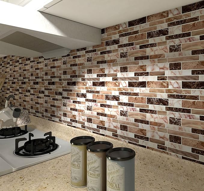 LONGKING 10-Sheet Peel and Stick Tile Backsplash, Vinyl Self-Adhesive Tile Stickers for Kitchen, Bathroom | Peel and stick backsplash, vinyl PVC, marble, waterproof, kitchen bathroom wall, 10-sheet, set A