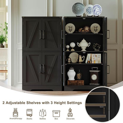 Treocho Farmhouse Bathroom Floor Cabinet with Adjustable Shelves | 13.78"D x 23.62"W x 43.46"H, Freestanding Kitchen Pantry Cabinet, Cupboard for Living Room, Dining Room, Black