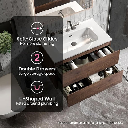 30" Bathroom Vanity with Sink, Modern Floating Vanity with Two Soft-Close Drawers, Large Storage for Small Space, Walnut, Fully Assembled - Iris Collection