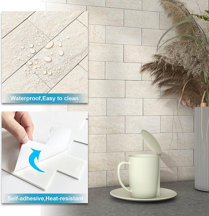 BeNice Marble Peel Stick Backsplash Tile Kitchen Rustic Beige 5pcs