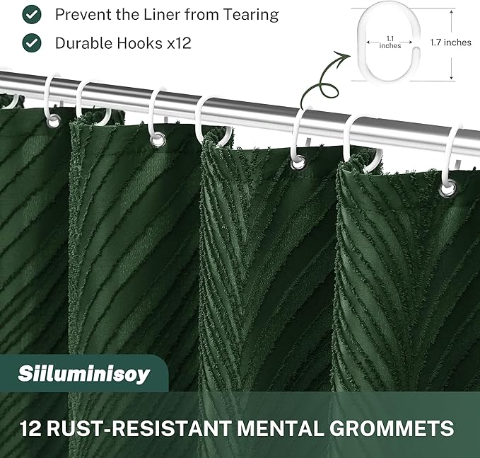 90inch Dark Green Boho Shower Curtain Long Green Shower Curtain for Bathroom Fabric Tufted Chervon Textured Shower Curtains Elegant Cloth Shower Curtains Cute, 72" x90"