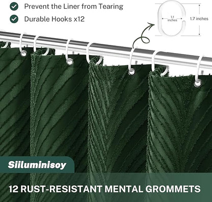 90inch Dark Green Boho Shower Curtain Long Green Shower Curtain for Bathroom Fabric Tufted Chervon Textured Shower Curtains Elegant Cloth Shower Curtains Cute, 72" x90"