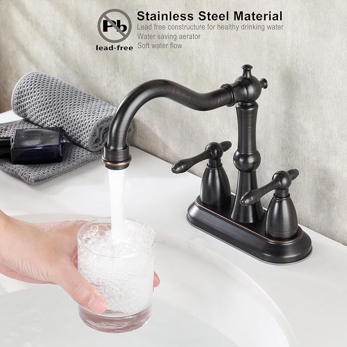 Oil Rubbed Bronze Antique Bathroom Faucet 2 Hole, Stainless Steel Centerset 4 inch Bathroom Faucet 2 Handle with Drain and Supply Hose, Brushed Bronze Faucet for Bathroom Sink