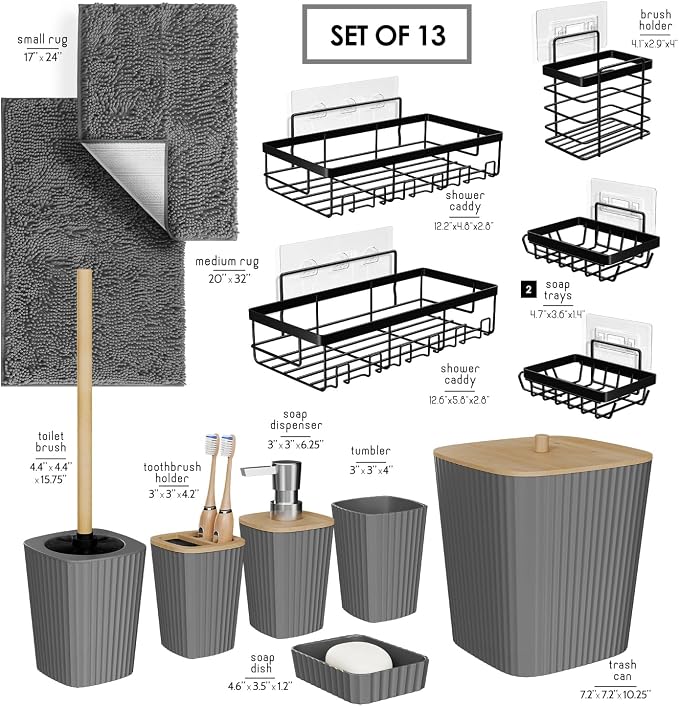 Clara Clark Bathroom Set - Grey Bathroom Accessories Set, 6PC Bathroom Accessory Set, Bathroom Sets with Bathroom Rugs, Adhesive Corner Shower Caddy Hanging, Toilet Brush, Trash Can & Soap Dispenser