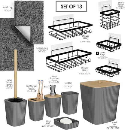 Clara Clark Bathroom Set - Grey Bathroom Accessories Set, 6PC Bathroom Accessory Set, Bathroom Sets with Bathroom Rugs, Adhesive Corner Shower Caddy Hanging, Toilet Brush, Trash Can & Soap Dispenser