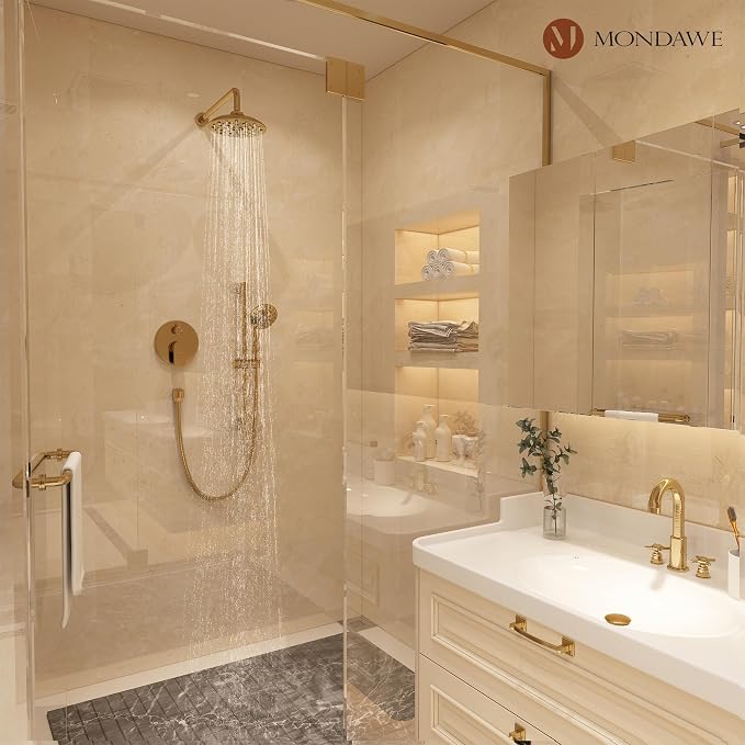 MONDAWE 8 Inch Wall Mounted Shower Faucet Set in Brushed Gold, Rainfall Shower Head with 3-Setting Handheld Spray Shower Set Combo, High Pressure Shower System with Solid Brass Valve