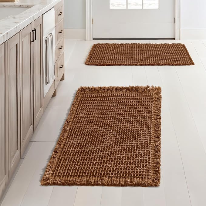 MIULEE Set of 2 Waffle Bathroom Rugs Boho Bath Mat Caramel 17x24 Inch | Non Slip, Super Absorbent, Washable, Ultra Soft, Rubber Backed, Small Bath Rugs for Bathroom Floor Tub Shower