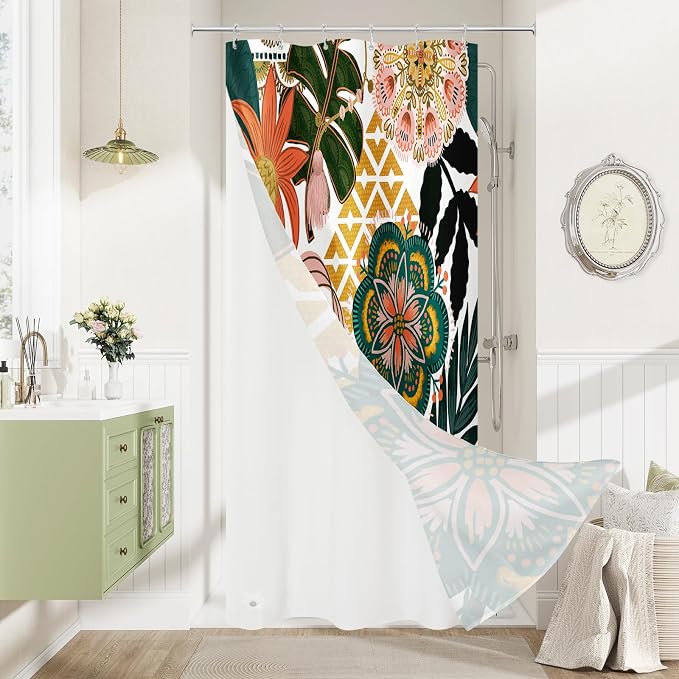 3 in 1 Pink Floral Shower Curtain Set with PEVA Liner & 12 Hooks, 36 x 72 | Boho Tropical Botanical Style, Farmhouse Floral Fabric, Modern Hotel Inspired, Water‑Repellent, Machine Washable